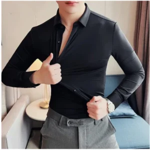 Kemeja Pria Elastic Shirt Baju Atasan Pria Lengan Panjang Motif Polos Slimfit Warna hitam kualitas premium